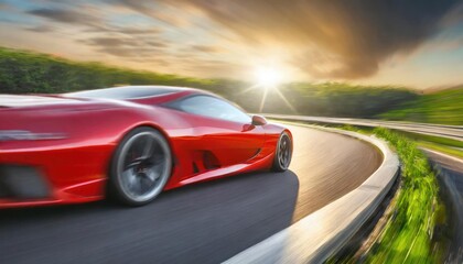 Red Supercar Slicing Through High-Speed Turn on Sunlit Highway - obrazy, fototapety, plakaty