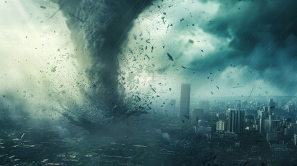 Tornado or hurricane's destruction along its path toward fictitious city with flying debris and collapsing structures. Concept of natural disasters, judgment day, apocalypse