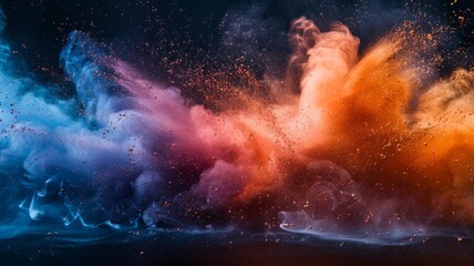 Abstract color explosion on black background - A dynamic explosion of vibrant colors against a dark background, symbolizing chaos, energy, and the unpredictable nature of creativity - obrazy, fototapety, plakaty