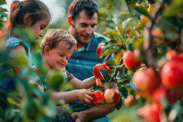 A young family with two children picking ripe red apples from a tree in an orchard. - Powered by Adobe