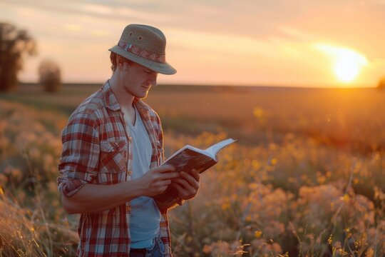 A young man in a plaid shirt and hat reading a book in a field at sunset.