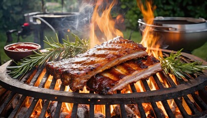 Grilling BBQ Pork Ribs Over a Flaming Grill - obrazy, fototapety, plakaty