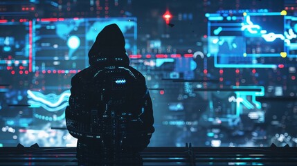 Advanced computer network security interface, firewall protection in action, cyber hacker silhouette, concept art