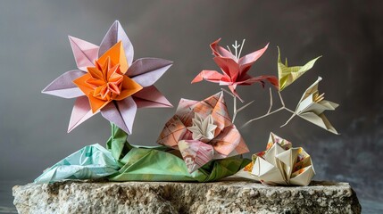 Artistic origami flower garden, spring bloom varieties, rich textures, detailed folds capturing the essence of spring
