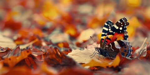 Admiral butterfly rests on autumn leaves, with a bokeh effect of the forest in the background. - obrazy, fototapety, plakaty