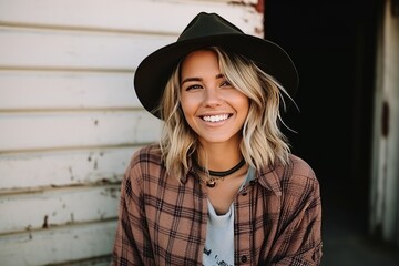 Portrait of a beautiful young woman with hat and plaid shirt smiling