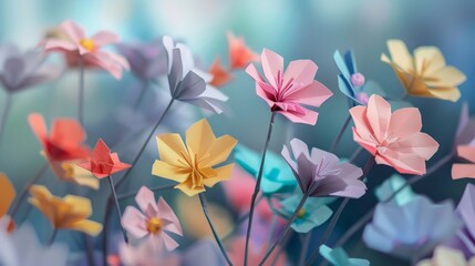 Fototapeta na wymiar Vibrant origami spring flowers, array of colors, delicate paper art, blossoms in soft focus background