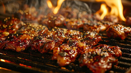 A close up of meat grilling on a fiery hot grill, with smoke rising as it cooks to perfection.