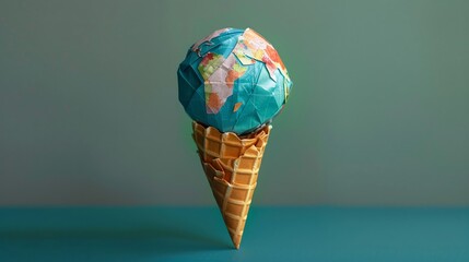 Whimsical origami ice cream cone holding a detailed globe, vibrant paper textures, a treat for the imaginative soul