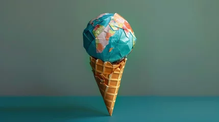 Schilderijen op glas Whimsical origami ice cream cone holding a detailed globe, vibrant paper textures, a treat for the imaginative soul © Jenjira