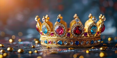 A luxurious golden crown embellished with dazzling gems representing royal status. Concept Royalty, Golden Crown, Dazzling Gems, Luxury, Status Symbol
