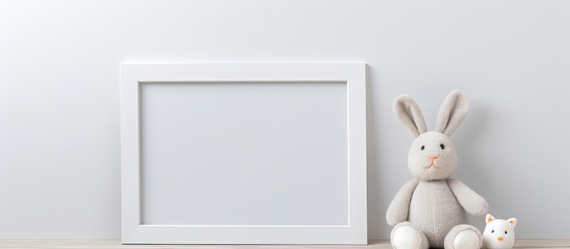 A close-up view of a soft toy rabbit and a picture frame placed on a wooden floor
