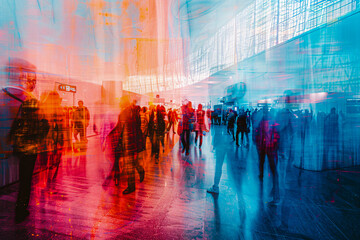 Blurred crowd in a business hall, representing the rush of urban life and commerce - obrazy, fototapety, plakaty