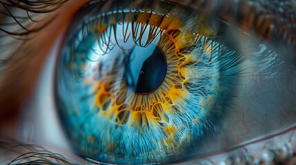 Close-up view of a human eye with a colored iris and a dark pupil reveals the intricate anatomy of human vision - obrazy, fototapety, plakaty