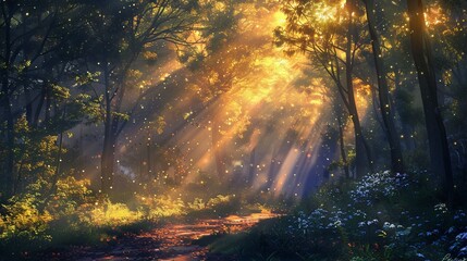 Sunbeams light up the misty forest at dusk