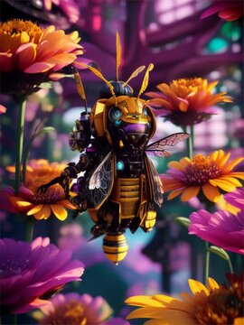 A close-up of a yellow flower with a bee robot on it, isolated against a green background