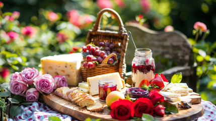 Obraz na płótnie Canvas A playful picnic with a board of assorted cheese fruits and charerie along with a jar of homemade jam and a crusty baguette enjoyed in a botanical garden filled with fragrant