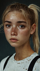 photo of a 20 years old girl with brown shiny eyes, blonde hair in a ponytail, deeply depressed expression, rounded cheeks with some freckles, fit strong body