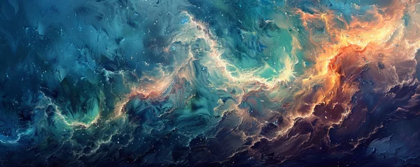 Foto op Plexiglas Fiery Elements Dance: Abstract Sky and Water Merge in Brilliant Blue, Illuminated by Starlight, Amidst Dark Storm Clouds © panyawatt