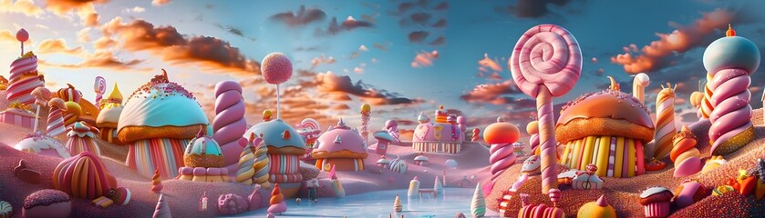 Fantastical Candy-Coated Dreamscape Panorama with Lollipop Mountains,Cupcake Towers,and Whimsical Candy Confections Under a Vibrant Sunset Sky