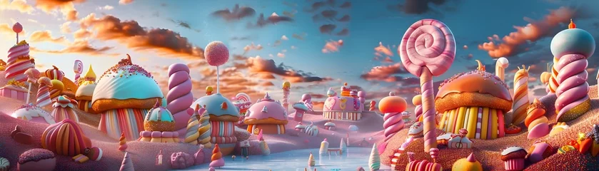Papier Peint photo Lavable Montagnes Fantastical Candy-Coated Dreamscape Panorama with Lollipop Mountains,Cupcake Towers,and Whimsical Candy Confections Under a Vibrant Sunset Sky