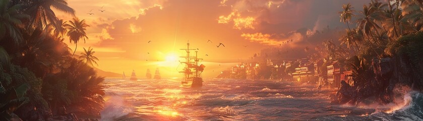 In the heart of a pirate haven, a bustling port town thrives amidst rocky cliffs and crashing waves The sun sets in the distance, casting a warm golden glow over the scene Realistic, Golden Hour, - obrazy, fototapety, plakaty