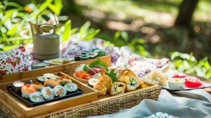 A peaceful oasis is found at this Japaneseinspired picnic featuring a traditional tea ceremony and delicate bento boxes filled with fresh sushi and tempura.