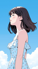 Hand drawn beautiful illustration of a girl under the blue sky in spring