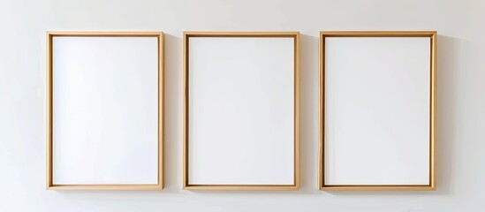 Three blank frames of different sizes are hanging on a white wall, creating a minimalist and modern look