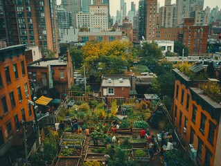 In a bustling eco-friendly cityscape, a diverse group of people engage in sustainable practices like rooftop gardening and recycling Show a top-down view capturing the community spirit Photography, Go