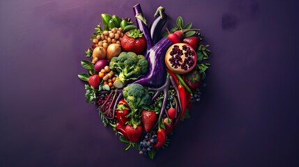 Naklejka premium Vibrant Assortment of Flavorful Organic Fruits and Vegetables on a Vibrant Purple Background,Showcasing a Healthy and Nutritious Lifestyle
