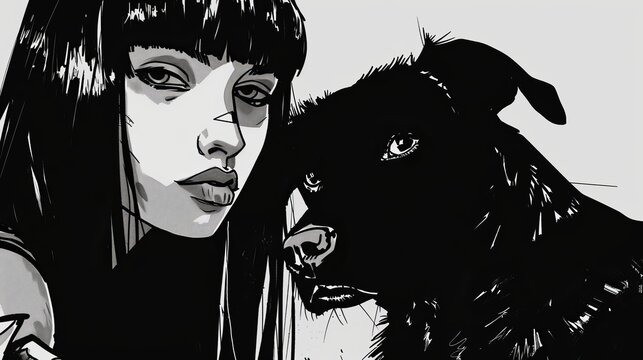 Japanese Comic Goth Girl With Dog, Cyber Goth Anime Woman Portrait, Dog And Person, Black And White Cartoon, Grunge, Cyber Punk, Future Girl, Apocalyptic, Black Dog, Long Straight Black Hair