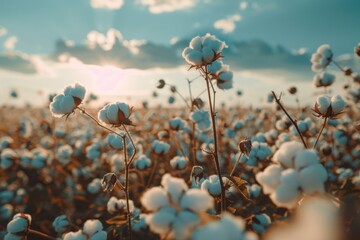Cotton field at golden hour with close-up on white cotton bolls against a blurred background.