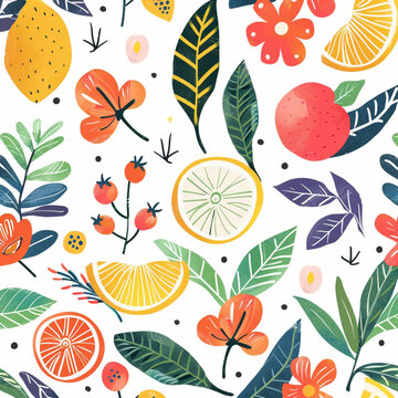 Seamless fabric pattern in the shape of fruits, , leaves as you.  generated by AI 