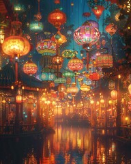 Obraz na płótnie Canvas Amidst a mesmerizing display of vibrant lanterns and decorations, a multicultural gathering revels in the festivities of global celebrations The image is rendered in a vivid and detailed 3D style