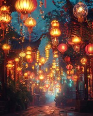 Obraz premium Amidst a mesmerizing display of vibrant lanterns and decorations, a multicultural gathering revels in the festivities of global celebrations The image is rendered in a vivid and detailed 3D style