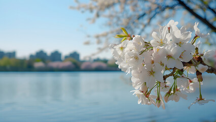 A spectacular view of cherry blossoms in full bloom on a warm, beautiful spring day. Feel the beauty of the cherry blossoms that herald spring. - obrazy, fototapety, plakaty