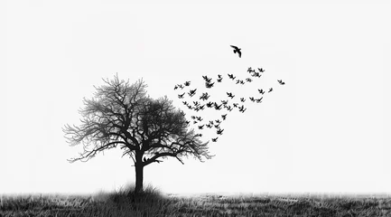 Fotobehang a drawing of a serene olive tree, its branches dispersing into a flock of birds © alex