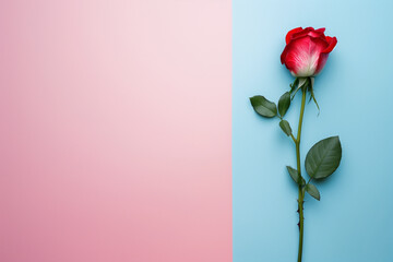 a single, vibrant red rose against a split pink and turquoise background