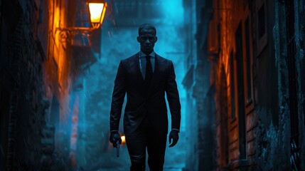 A skilled spy in a dark alley, wearing a sleek black suit, exuding confidence and stealth The scene is set at night, with dimly lit street lamps casting long shadows Style - obrazy, fototapety, plakaty