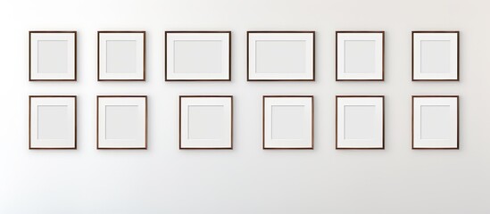 A wall adorned with numerous unfilled picture frames for displaying artwork or photographs