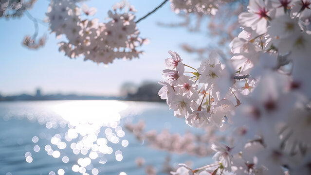 A spectacular view of cherry blossoms in full bloom on a warm, beautiful spring day. Feel the beauty of the cherry blossoms that herald spring.