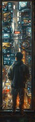 Amidst a bustling cityscape, a person gazes pensively at a digital control panel that can amplify or diminish emotions The city lights reflect off the device