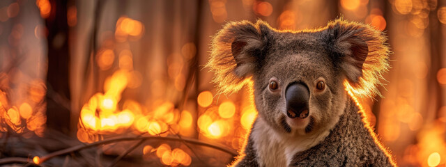 A koala with a worried expression on its face against a backdrop of a forest fire.