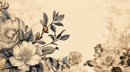 Vintage floral illustration with delicate flowers and leaves in sepia tones.