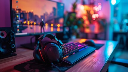 Gaming headset resting on a keyboard with ambient lighting in a gaming setup. - obrazy, fototapety, plakaty