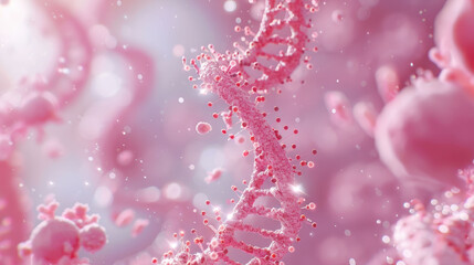 Sparkling DNA helix in a mist of pink hues, symbolizing life and biotechnology.