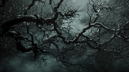 Twisted Bare Branches Shrouded in Ominous Darkness in Haunting,Mysterious Forest Landscape - obrazy, fototapety, plakaty