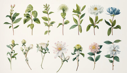 Collection of botanical illustrations showing diverse flowering plant species. - obrazy, fototapety, plakaty