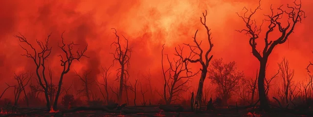 Photo sur Plexiglas Rouge Stark silhouette of barren trees against a fiery red sky, a dramatic representation of a wildfire.